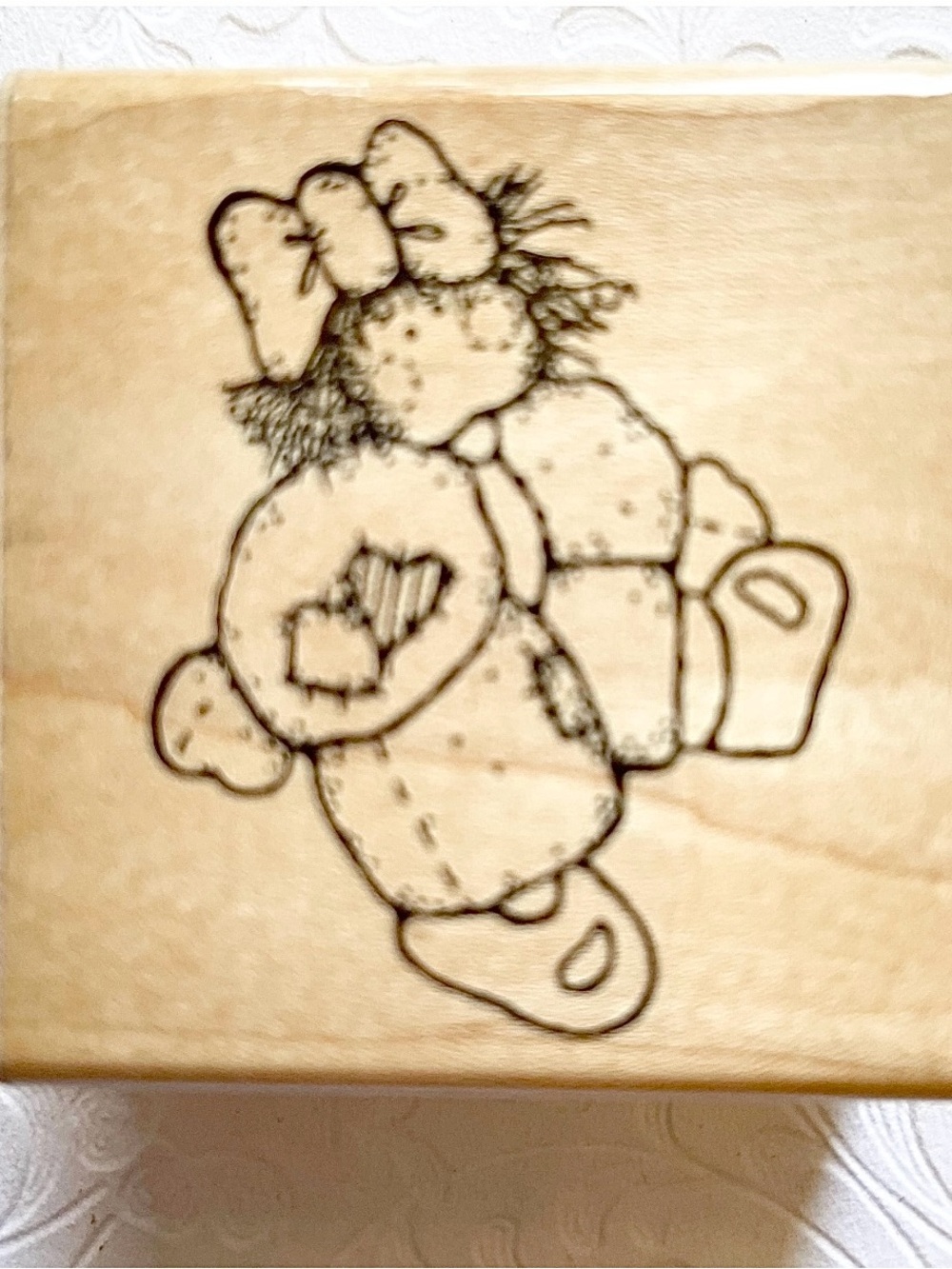 DOTS - Wood Mounted Rubber Stamp - Little Girl In Patchwork Clothes & Hair Bow